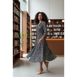 JONATHAN MARTIN Black White Floral Print Midi Button Front Dress Size 10